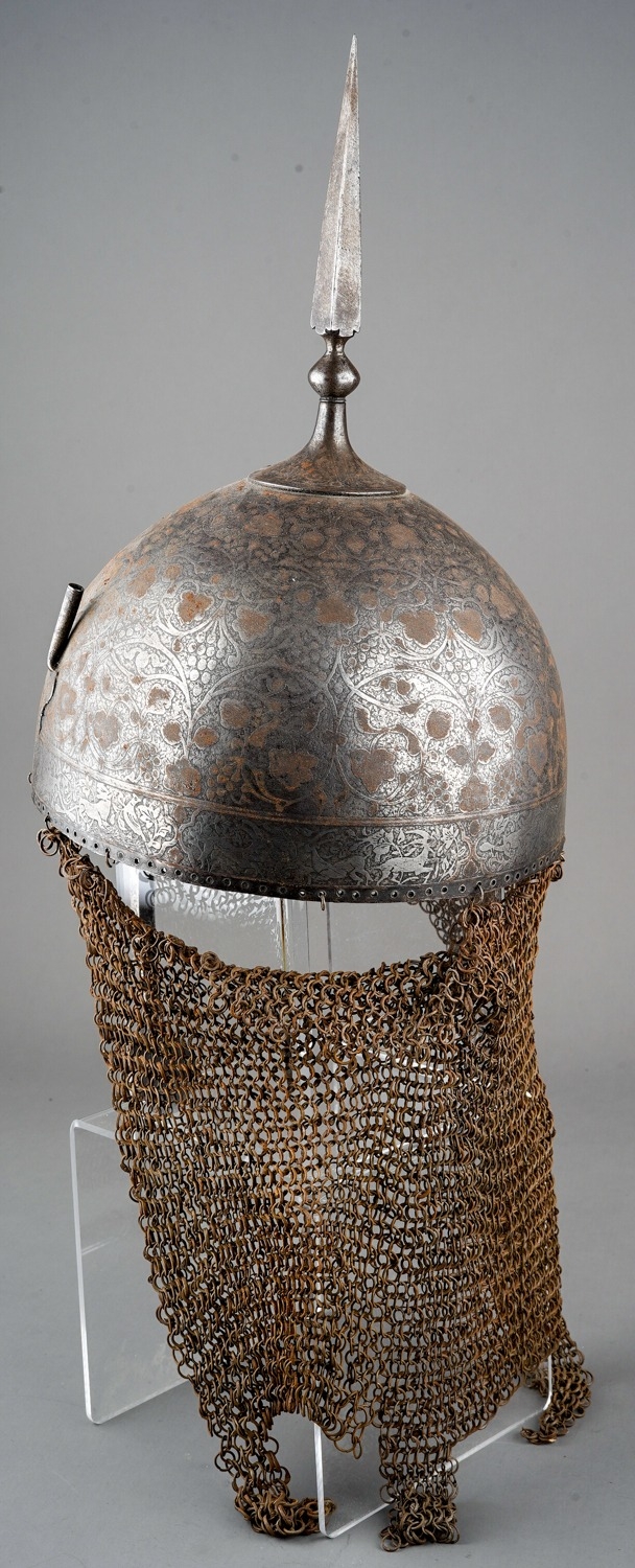 19th Century Persian Khula Khud helmet. Decorated with animals and foliage. Total drop from top of - Image 5 of 6