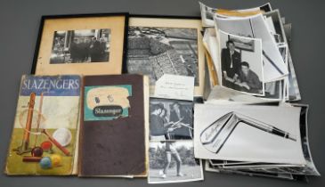 Box of Sporting related goods including photographs, 2 pictures and 2 Slazenger books (Wimbledon)
