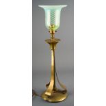 Art Nouveau Benson style brass table lamp with vaseline shade. Height approx. 53cm