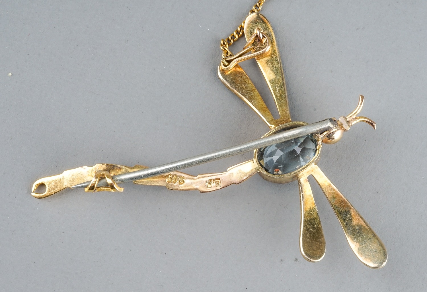 An early 20th century yellow gold and aquamarine dragonfly brooch, set with an oval-cut - Image 2 of 3