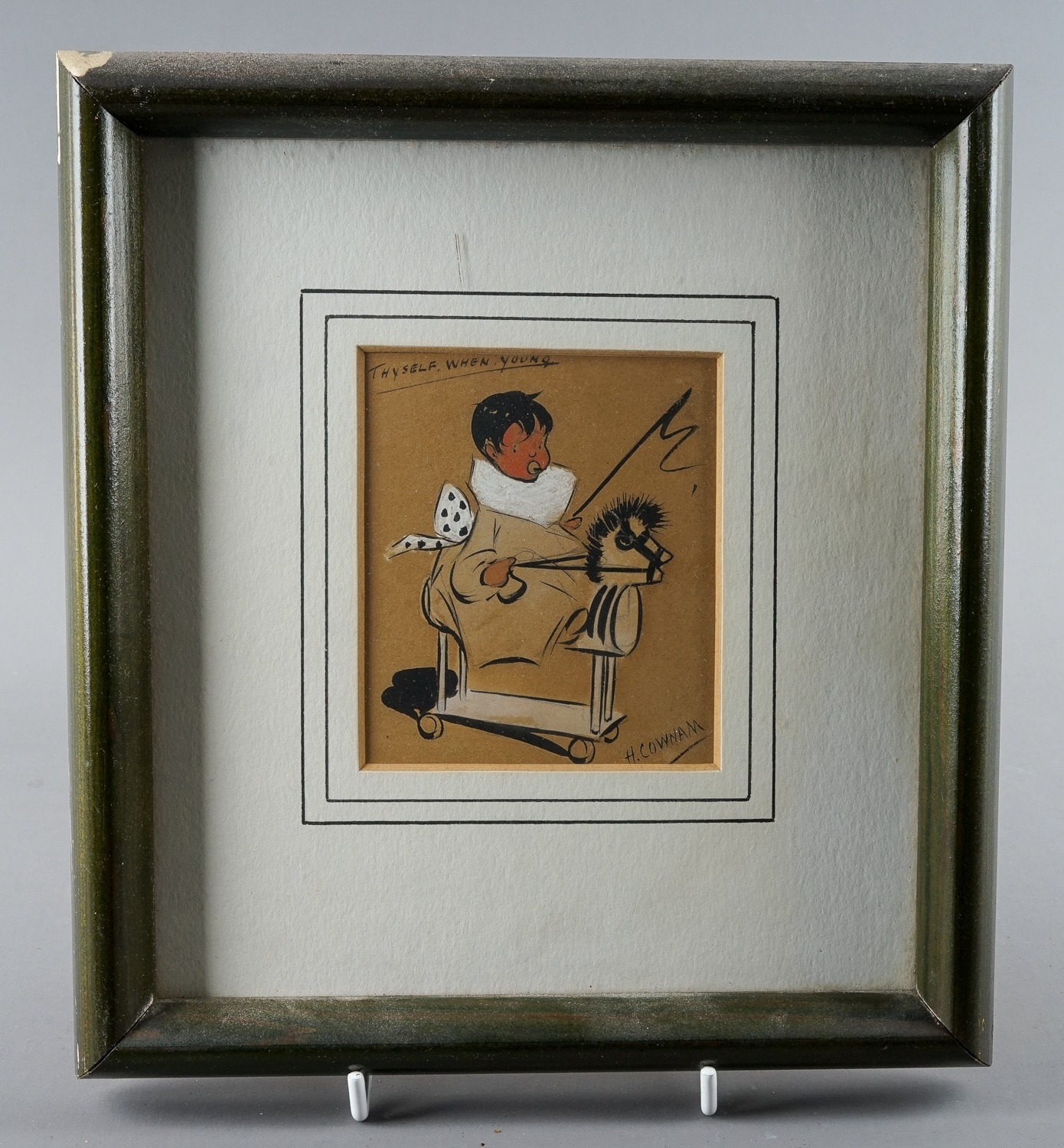 An early 20th Century pencil, ink and gouache drawing a child on wooden horse with caption: - Image 5 of 6