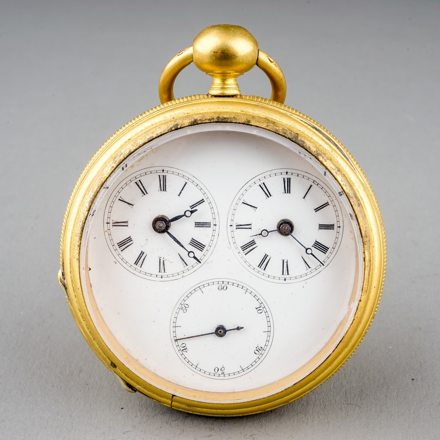 A 19th century brass cased cylinder escapement key wind multi-dial pocket watch, 47mm white enamel