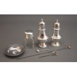 A collection of silver to include: an Edwardian glass scent bottle with stopper, plain silver cover,