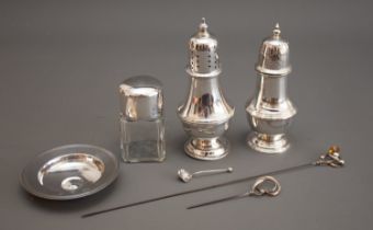 A collection of silver to include: an Edwardian glass scent bottle with stopper, plain silver cover,