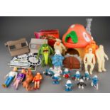 Assorted vintage toys including extensive collection of Smurf models, Smurf mushroom house, Scooby