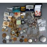 Costume jewellery, including paste and marcasite brooches, sterling silver pendant compact; stick