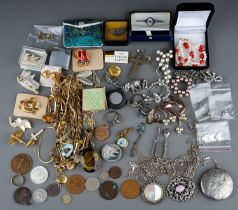 Costume jewellery, including paste and marcasite brooches, sterling silver pendant compact; stick