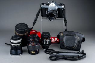 A collection of photography lenses and camera by Pentax, Takumar and a USSR lens