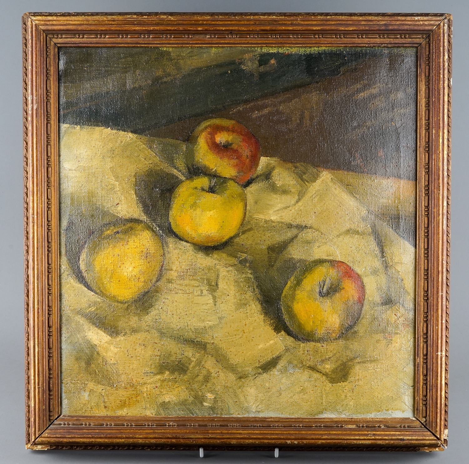 20th Century School Still life with earthenware jugs and bowl of fruit oil on board, 48 x 50cm, gilt