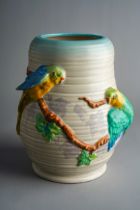 A Clarice Cliff for Newport Pottery vase decorated with Budgerigars in high relief, factory