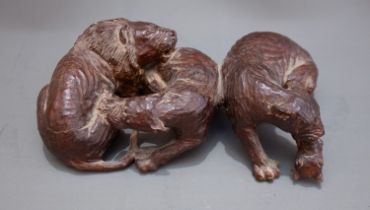 An African carved hardwood figural group of lions resting after hunt with one lioness chewing a deer