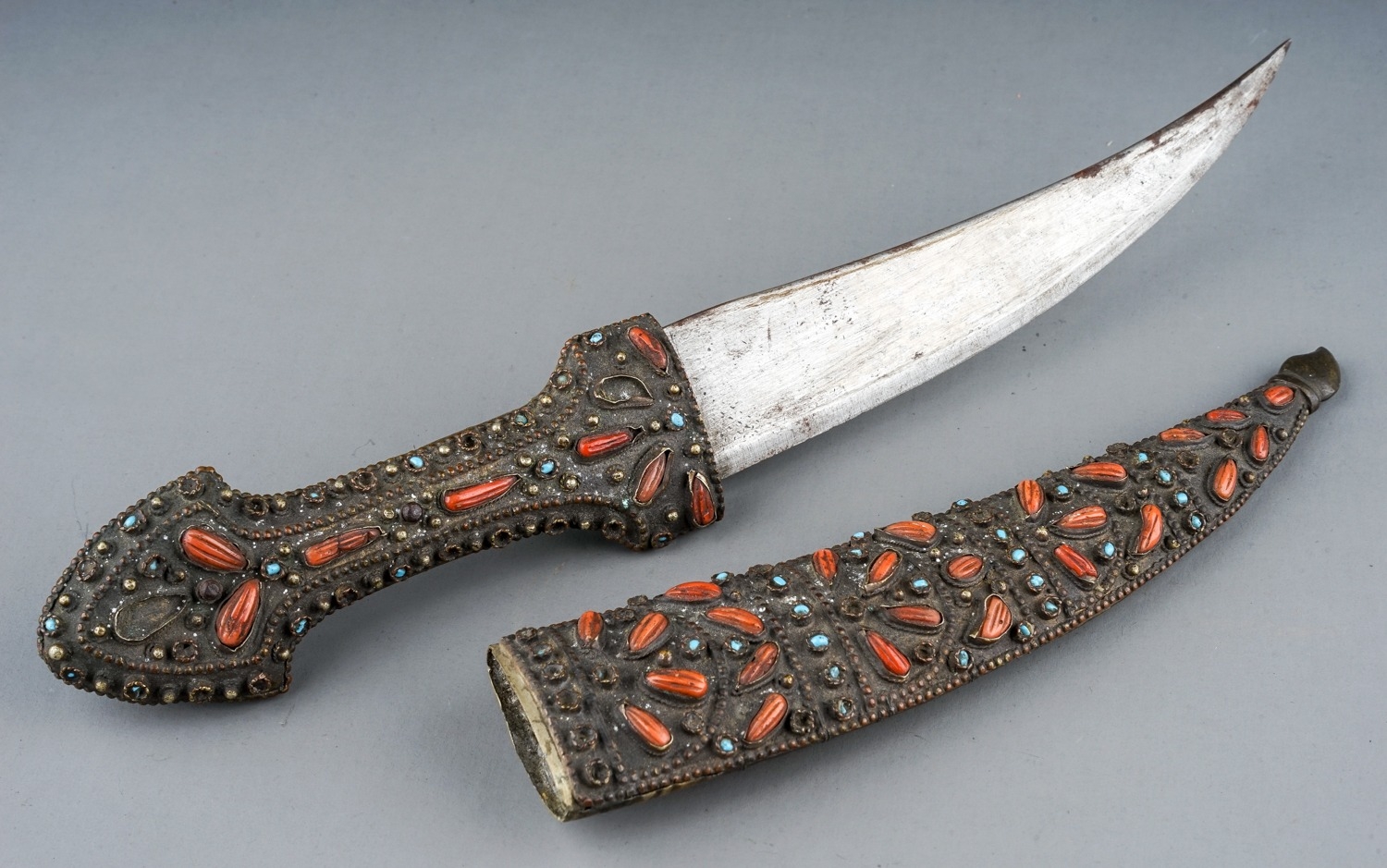 19th Century antique Turkish Ottoman empire Islamic dagger set with coral and turquoise. - Image 7 of 8