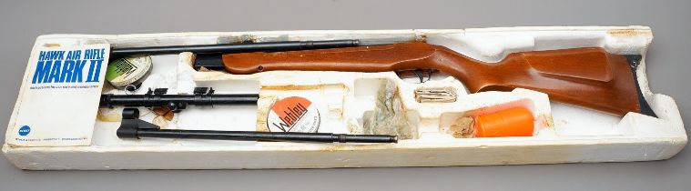 Webley Hawk Mk2 Air Rifle. In carboard box with two barrels .22 &.177 and a scope sight.