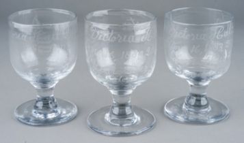 A set of three etched commemorative goblets with inscriptions which read: Victoria Hall Disaster