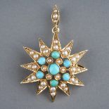 A Victorian yellow gold turquoise and pearl star brooch/pendant, hinged pin and pendant loop, approx