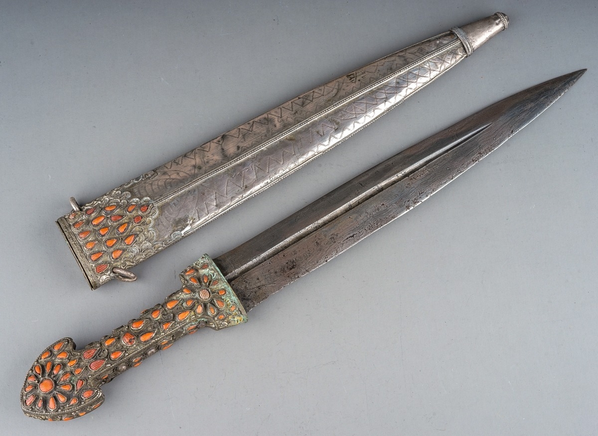 19th Century antique Turkish Ottoman empire Islamic dagger Kindjal silver set with coral - Image 3 of 11