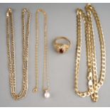 A 9ct yellow gold flat curb-link chain; a 9ct gold figaro chain; a 9ct find chain with cultured