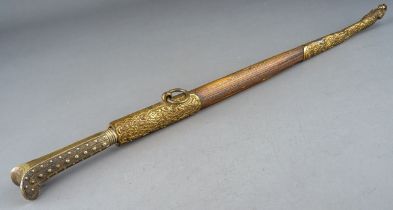 Antique Turkish Yatagan Kard dagger. Wooden scabbard with gilt metal fittings, length 43cm