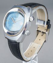 A gentleman's Memostar stainless steel alarm wristwatch, blue oval 30mm dial, baton indicators,