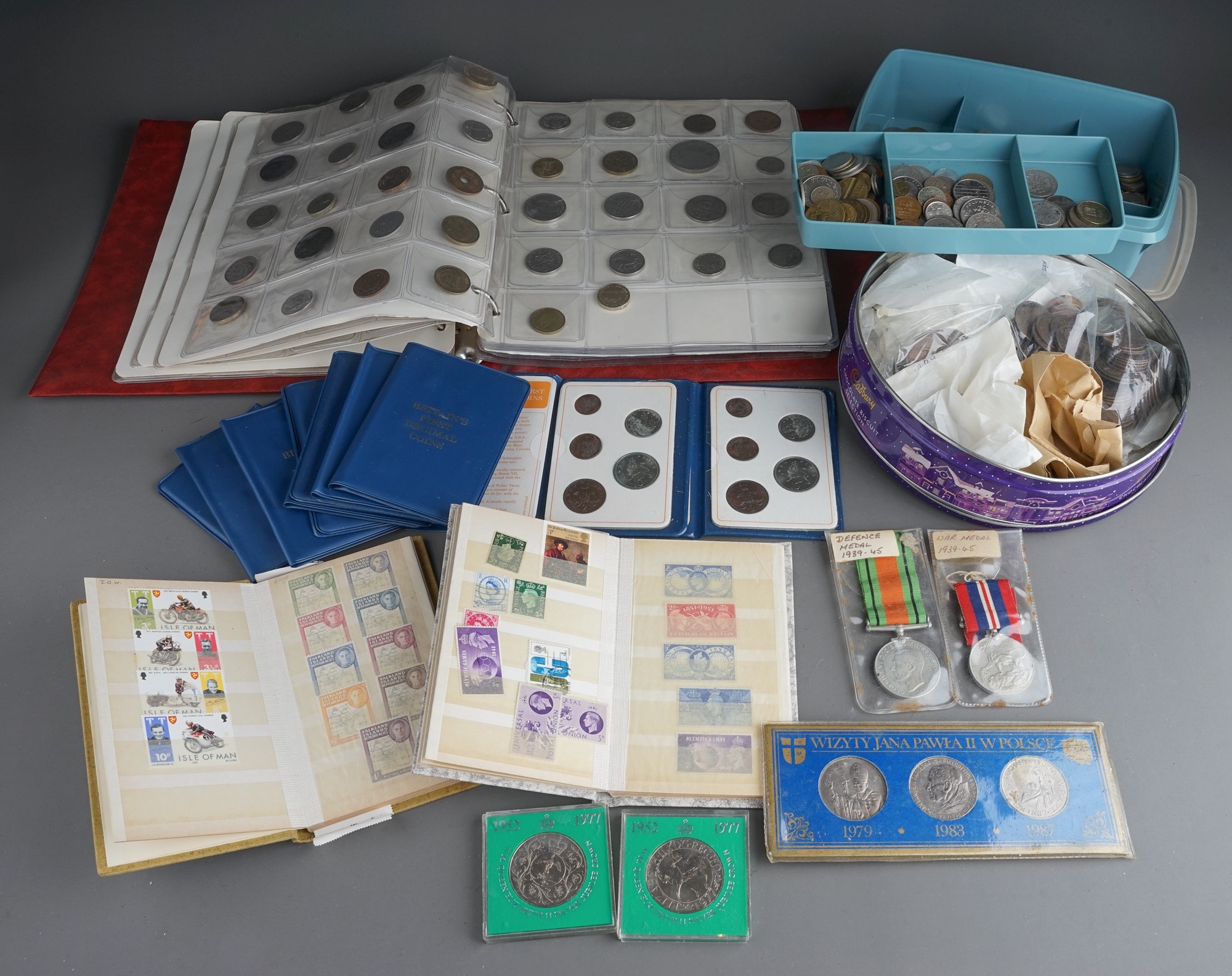 A large collection of GB and World coins including two WWII medals (Defence and War Medal with