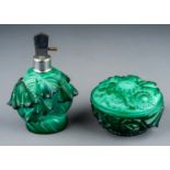An Art Deco green malachite glass perfume atomiser moulded with lily-of-the-valley in the manner