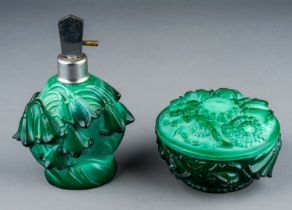 An Art Deco green malachite glass perfume atomiser moulded with lily-of-the-valley in the manner