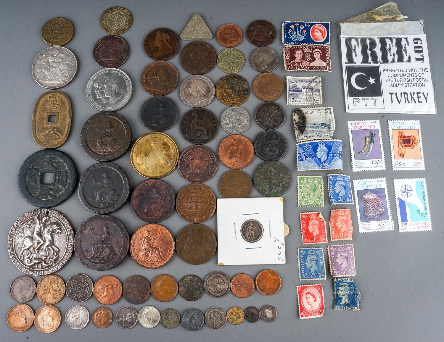Early 20th Century Revenue George VI stamps and other with various coins, Georgian tokens etc (1
