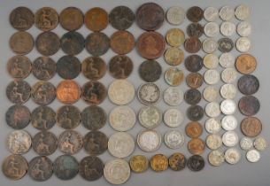 Assorted coins to include a 1908 Florin and a silver six pence (Q)