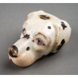 Rare antique Staffordshire dog whistle circa 1830. The dogs head well modelled as a Dalmation, white