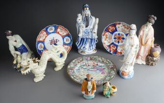 Assorted Asian ceramics to include: two Imari scalloped dishes and various sized models of Geisha,