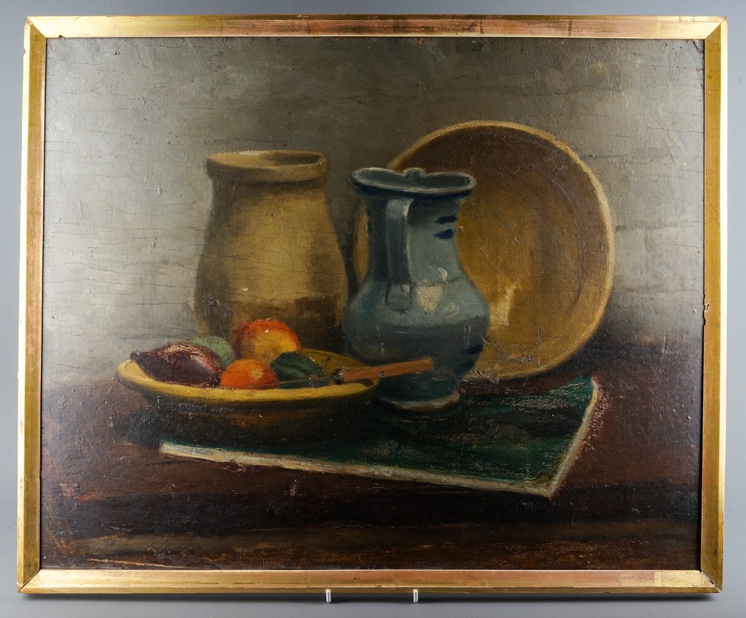 20th Century School Still life with earthenware jugs and bowl of fruit oil on board, 48 x 50cm, gilt - Image 6 of 8