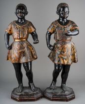 Pair of antique 19th Century Venetian Blackamoor figures. Polychrome carved wood with gesso & gilt