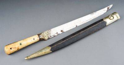 Antique 19th Century Persian Kard dagger. Gold koftgari to blade. Walrus ivory grips with