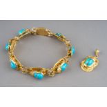 An Egyptian yellow gold bracelet, with seven scarab beetle links set with turquoise glass, approx