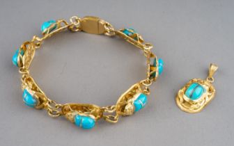 An Egyptian yellow gold bracelet, with seven scarab beetle links set with turquoise glass, approx