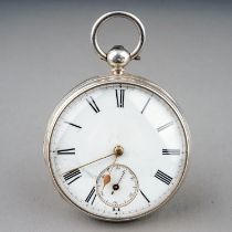 A Victorian silver open face pocket watch, 44mm white enamel dial with Roman numerals and subsidiary