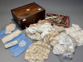 Assorted vintage turned lace bobbins together with lace borders, a Child's bonnet, patterns and 19th