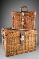 Two antique Edwardian wicker picnic hampers baskets. Classic car automobilia interest. Complete with