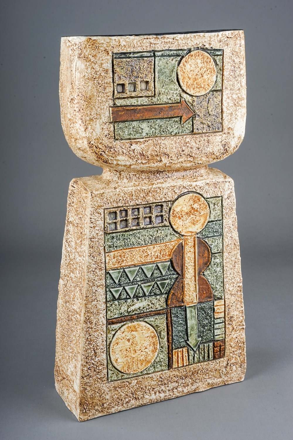 A Troika Pottery double base vase, cast in low relief with geometric panels in shades of ivory and - Image 3 of 8