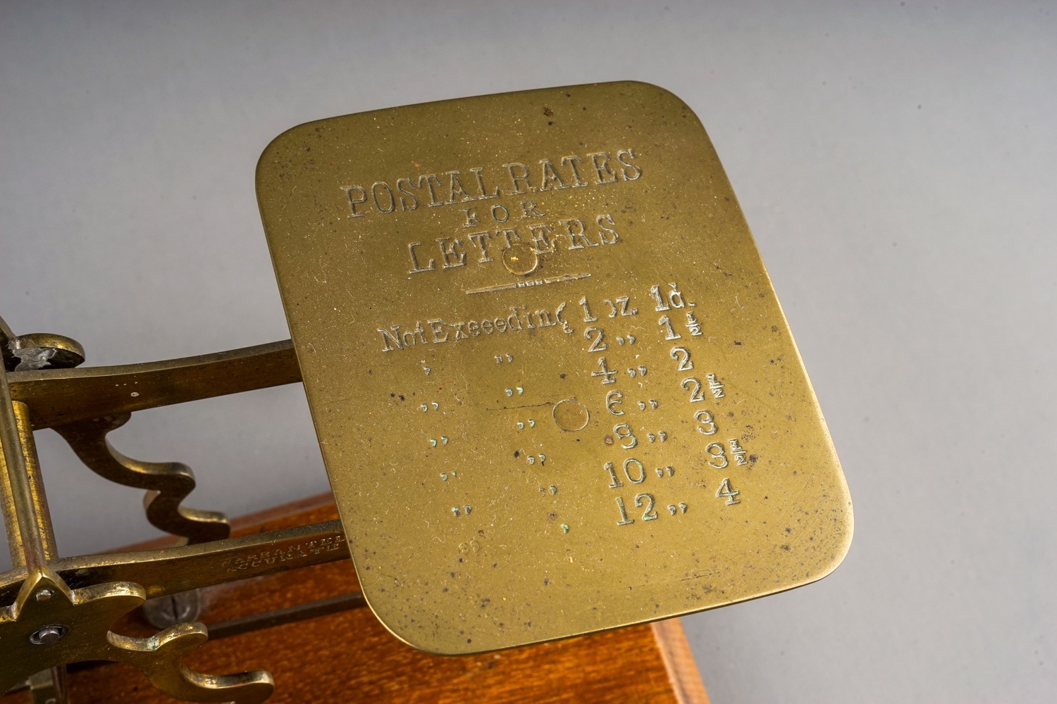 An early 20th Century brass mounted Postal Rate scales for Letters with various weights, approx 23cm - Image 2 of 4