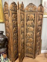 Large 6 fold hardwood room divider / screen. Hand carved with elephants and scrolls. Approx. 180