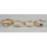 An Edwardian 18ct yellow gold and diamond chip ring, approx 1.7g (af); three 9ct gold rings, two set