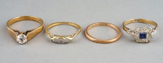 An Edwardian 18ct yellow gold and diamond chip ring, approx 1.7g (af); three 9ct gold rings, two set