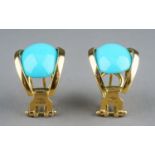 A pair of Italian 18k yellow gold and turquoise earrings, set with oval cabochon turquoise, post and