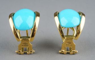 A pair of Italian 18k yellow gold and turquoise earrings, set with oval cabochon turquoise, post and