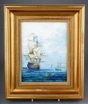 A Stefan Nowacki painted porcelain plaque depicting tall ships with rowing boats and barrel floating