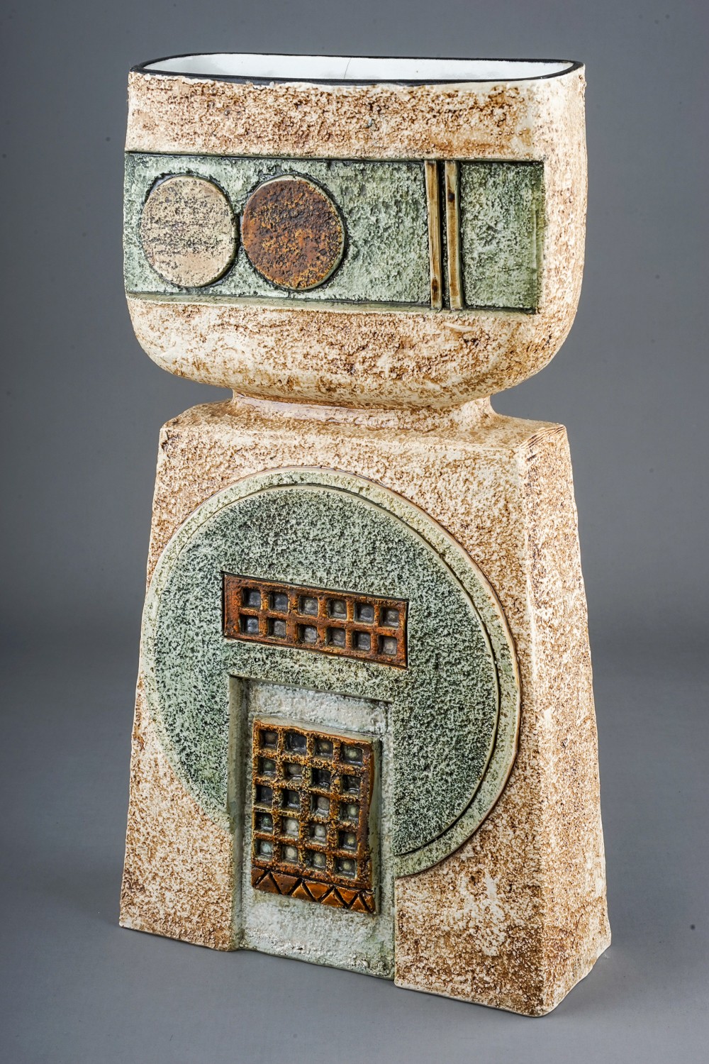 A Troika Pottery double base vase, cast in low relief with geometric panels in shades of ivory and - Image 2 of 8