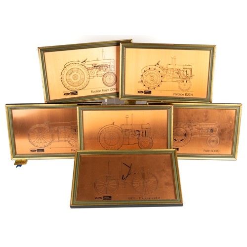 Copper etchings with Ford agricultural images inc Fordson Major (DDN), Fordson EZ7N, Fordson F,