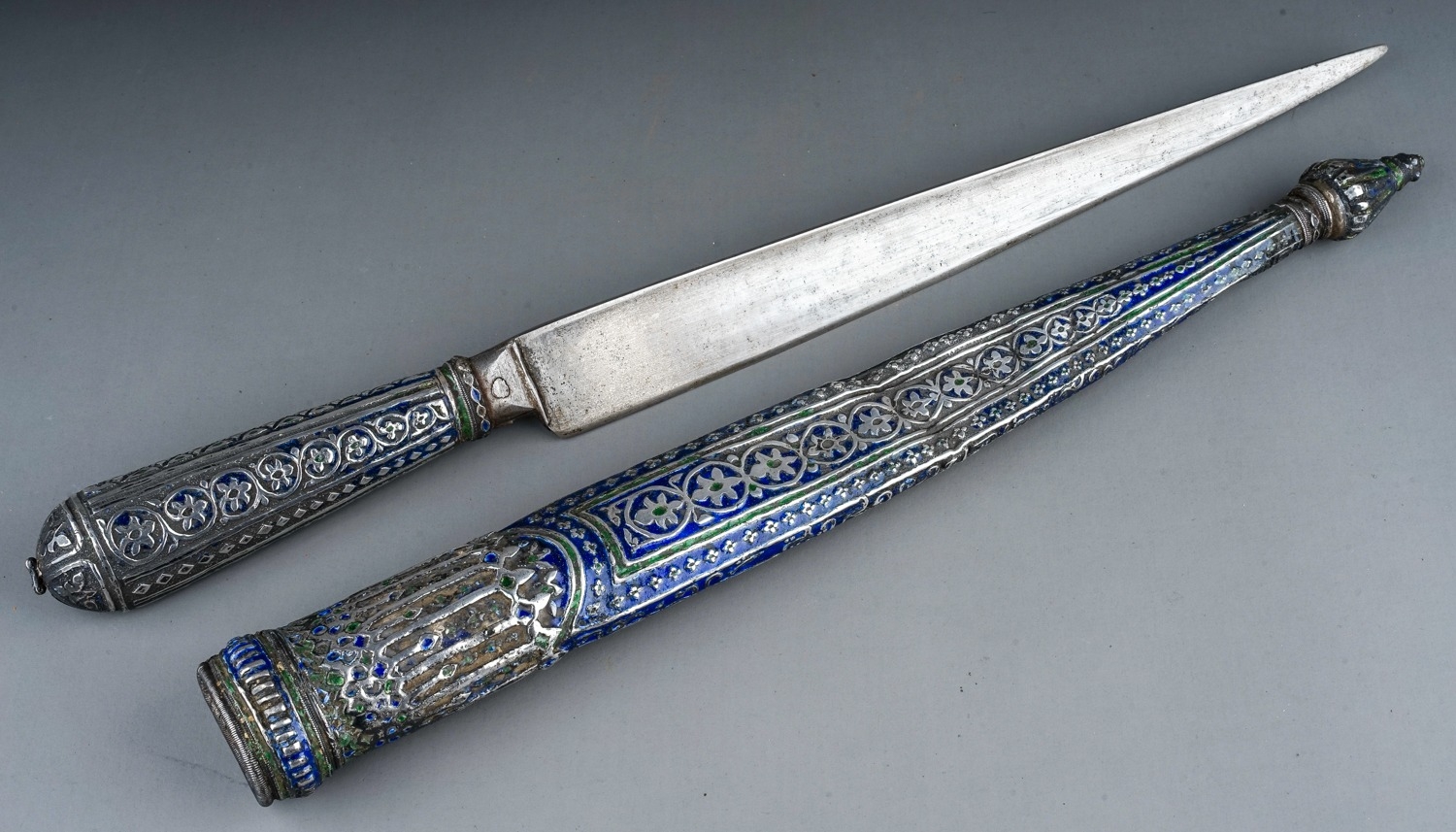 Rare 19th Century antique Indian Kashmiri dagger in silver and enamel. Dents to scabbard.