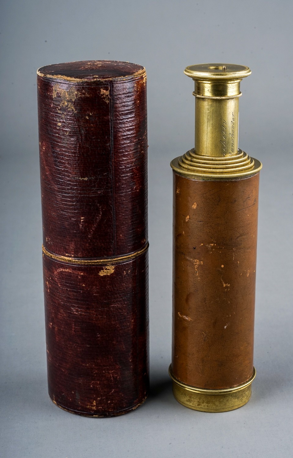 A late 19th Century leather and brass five drawer telescope by Ronchetti Manchester with fitted - Image 3 of 4